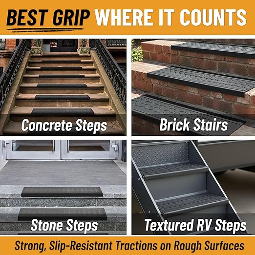 Ottomanson Outdoor Bullnose Stair Treads – Coin Heavy-Duty Non Slip Stair Mats – Strong Grip for Concrete, Brick & Textured Steps – Requires Fastening on Wooden & RV Steps, Pack of 5