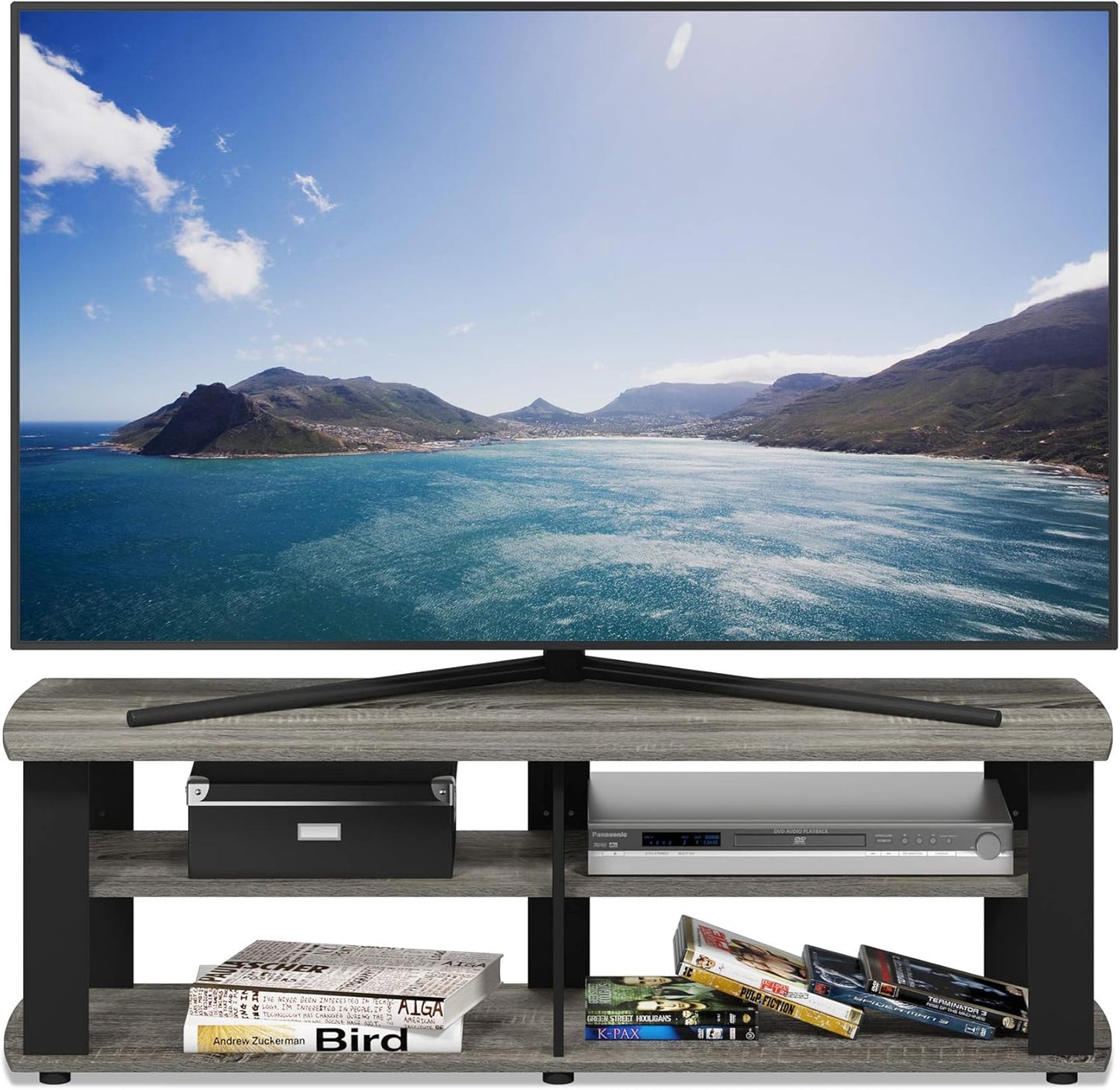 FURINNO Nelly Entertainment Center TV Stand, Short 43.3"(W) x13.4(H) x13.1(D), French Oak Grey/Black