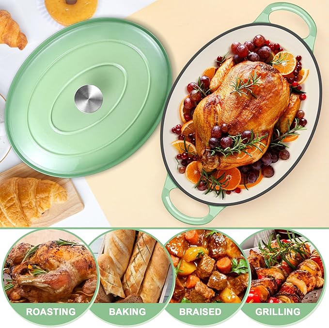 E-far 7QT Oval Dutch Oven Pot with Lid, Enameled Cast Iron Dutch Oven with Dual Handles, Heavy-Duty Cookware for Sourdough Bread Baking, Braising, Stews, Oven Safe & Easy Clean, Green