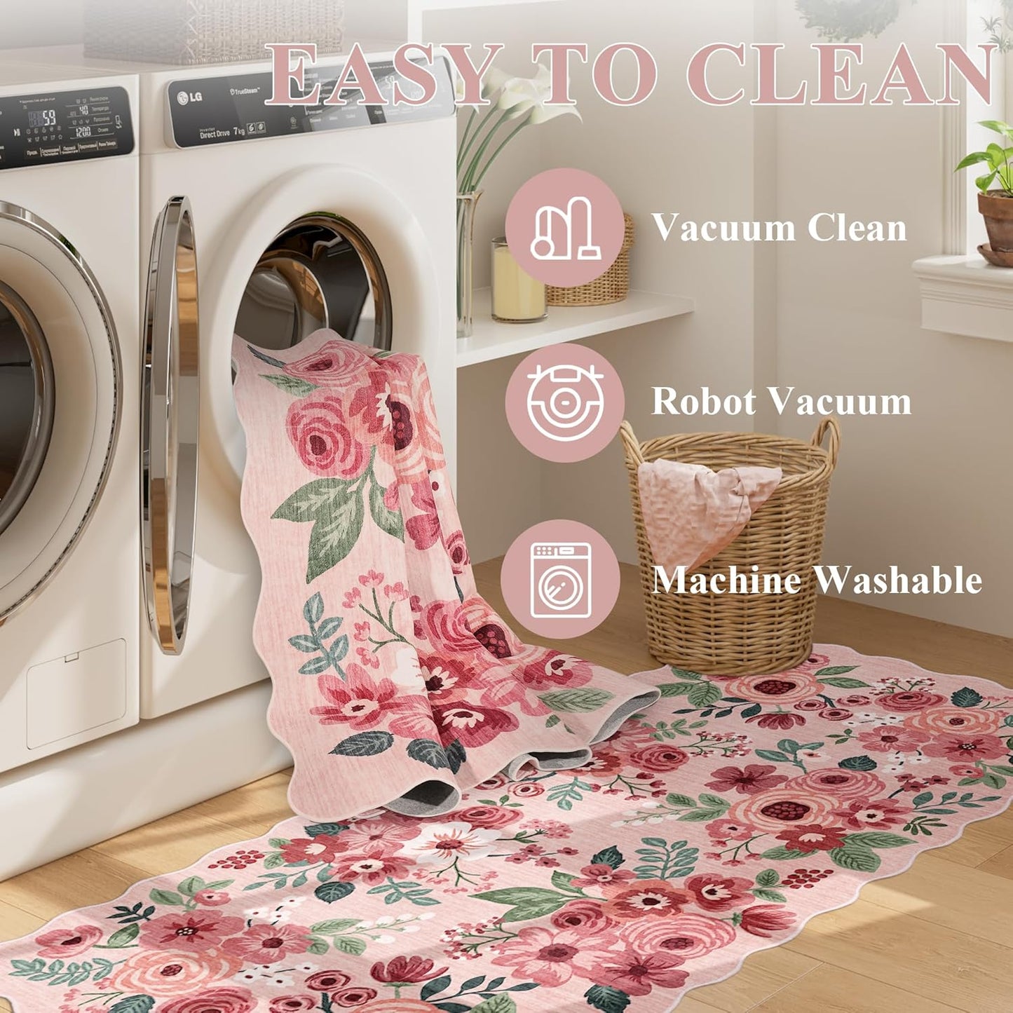 DUKINO 3x5 Area Rug, Floral Non-Slip Indoor Washable Rug with Low Pile & Non-Shedding, Lightwight Boho Design Carpet for Entryway, Bedroom, Kids Room, Living Room, Kitchen, Pink