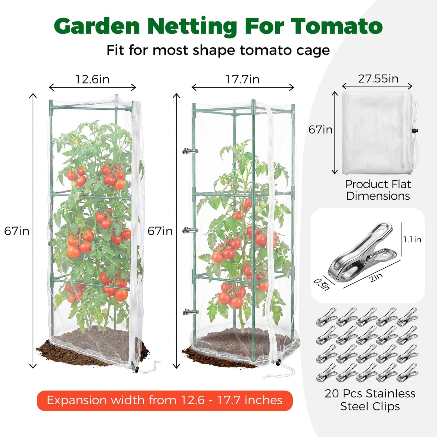 3Pcs Garden Bird Netting Plant Cover for Tomato Cage, 67" x 17.7" Insect Bird Barrier Tomato Cage Net with Zipper, Tomato Trellis Plant Netting Cover for Square Tomatoes Cages Plants Garden Protection