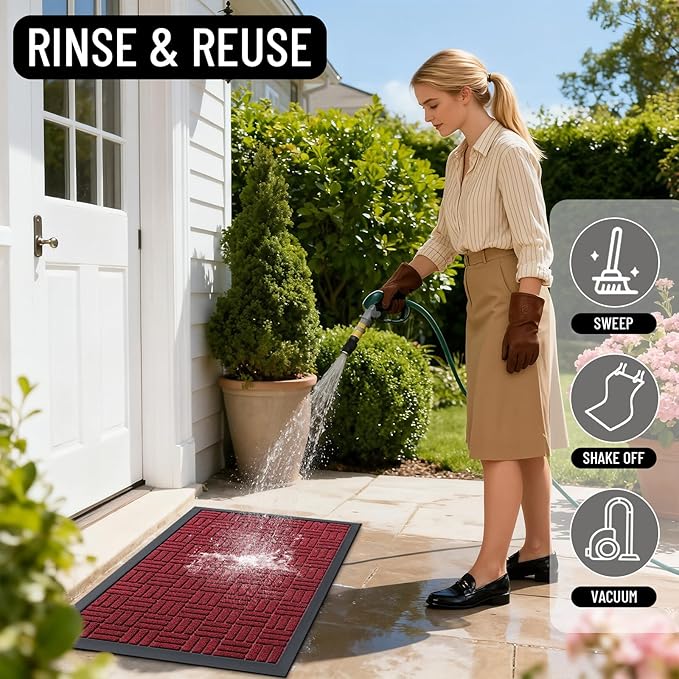 OLANLY Front Door Mat Outside Entrance 59x23, Absorbent, Heavy Duty Sturdy Natural Rubber Doormat Indoor Outdoor, Non-Slip, Stain and Fade Resistant, Low Profile Floor Mat for Entryway, Black Red