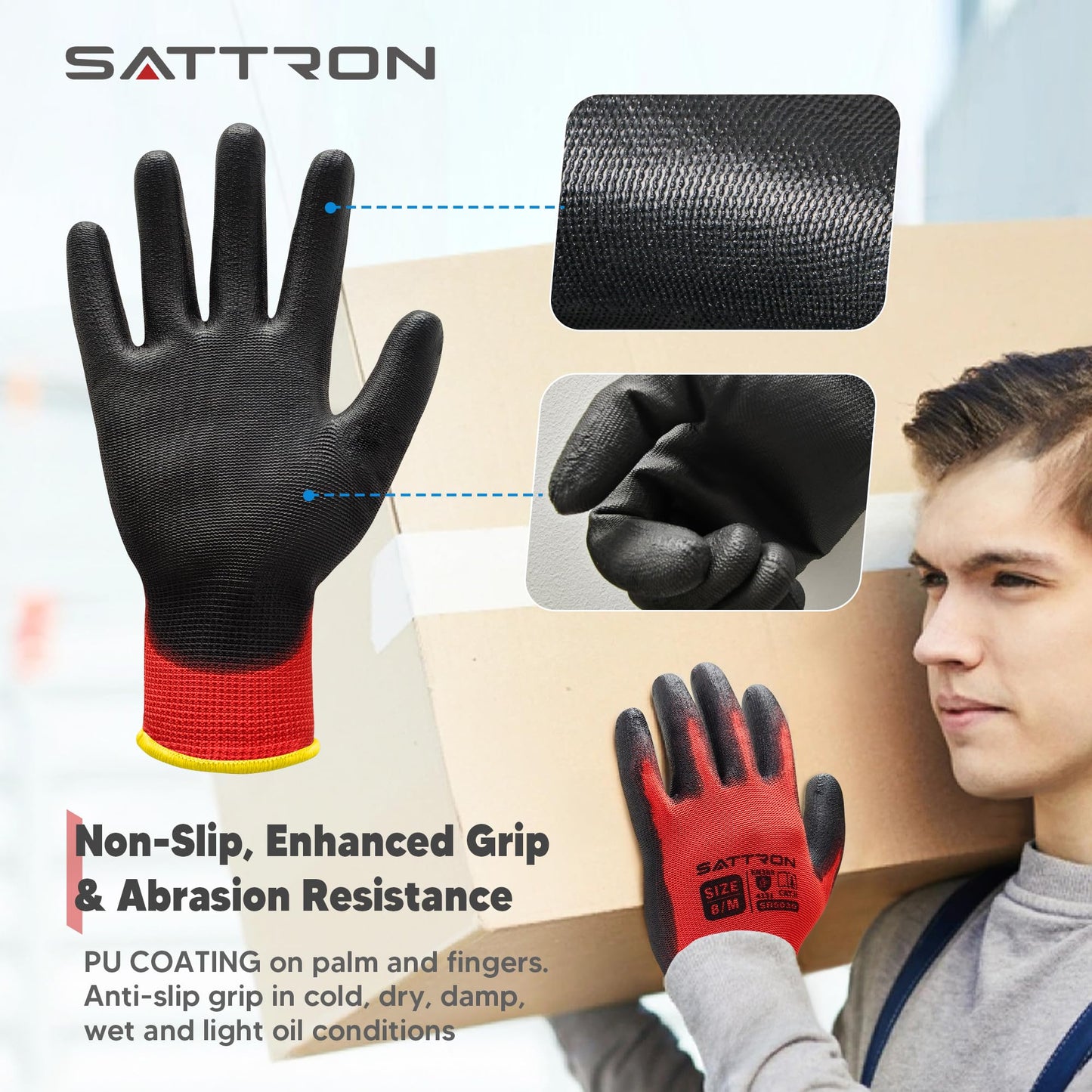 SATTRON Safety Work Gloves PU Coated, 12 Pairs Seamless Knit Gloves with Polyurethane Coating Working Gloves Excellent Grip for Men & Women, Breathable, Ideal for General Duty Work DIY (Red, Medium)