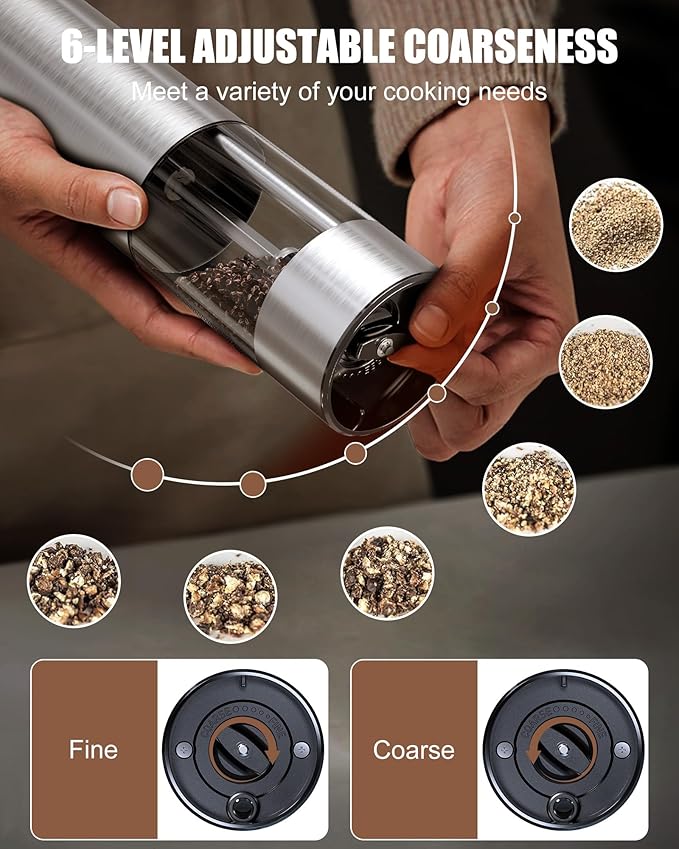 GiveBest Electric Salt and Pepper Grinder Set with Easy-to-Carry Charging Base and LED Light, Automatic Salt and Pepper Grinder Set, Adjustable Coarseness, USB Rechargeable, Washable Container