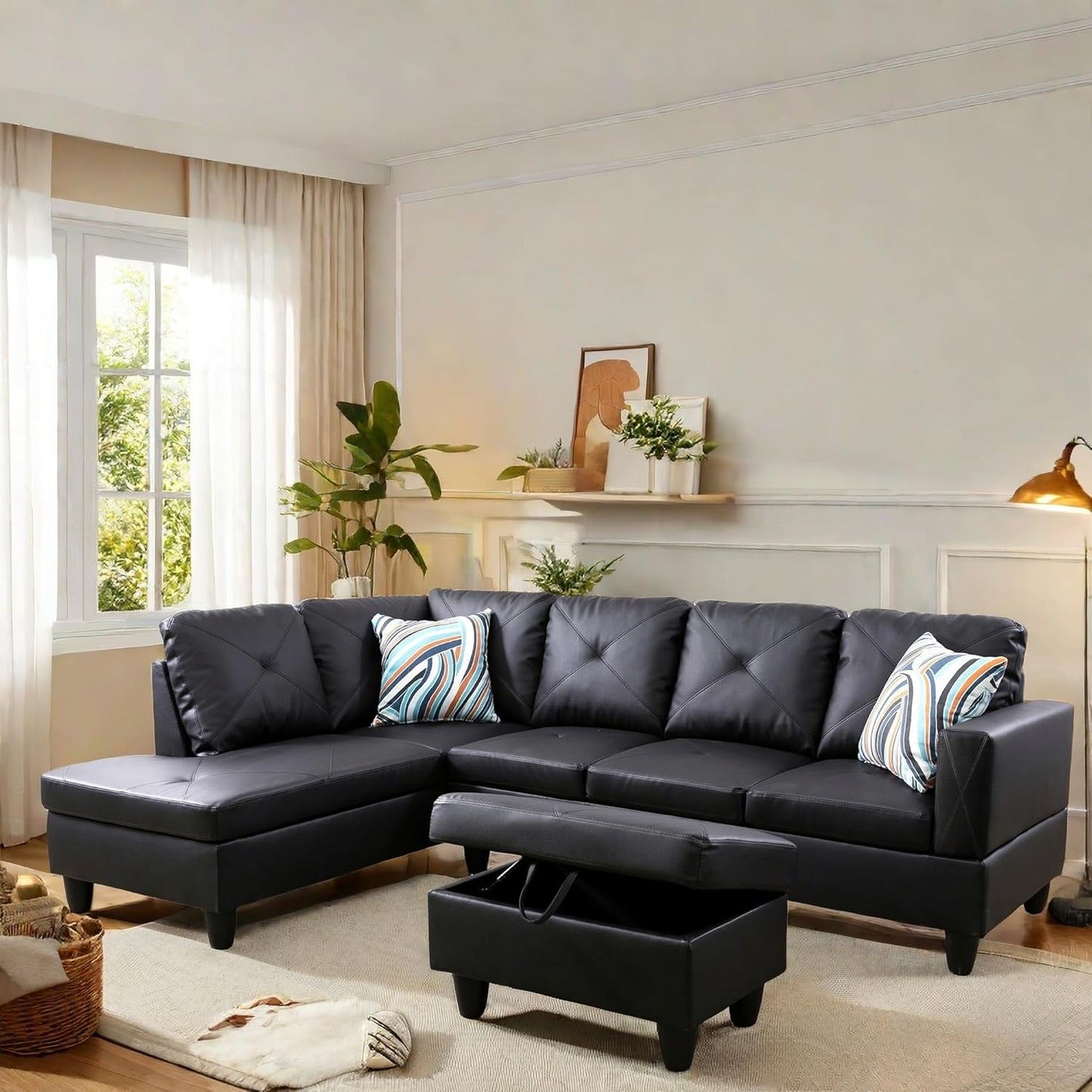 L Shaped Sectional Couch with Otttoman, 97" Leather Sectional Sofa for Living Room Modular Couches with Cup Holders for Bedroom, Apartments, Black