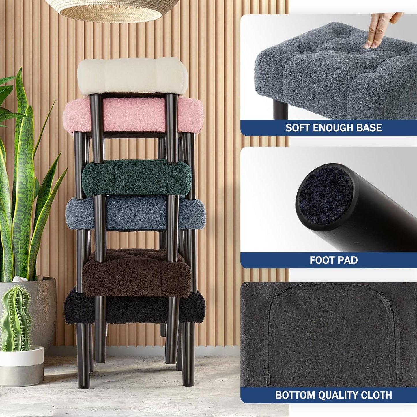 HOUCHICS Fur Padded Foot Stool, Small Ottoman Rest with Wooden Legs, Modern Rectangle Chair Rest for Living Room, Couch, Desk (Grey)