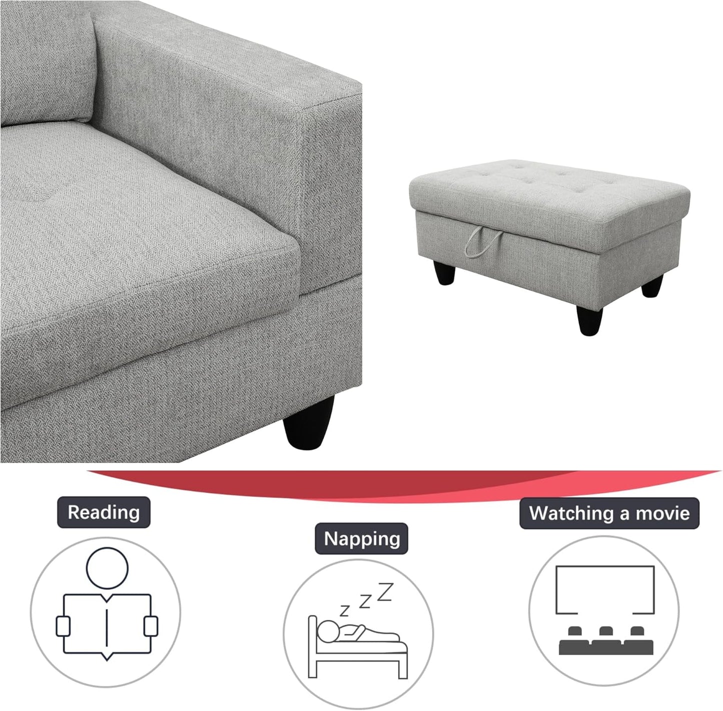 L Shaped Sectional Couches, Lounge Modular Sectional Sofa with Ottoman Storage, Modern Comfy L Shaped Couch for Living Room Furniture Sets, Bedroom, Gray