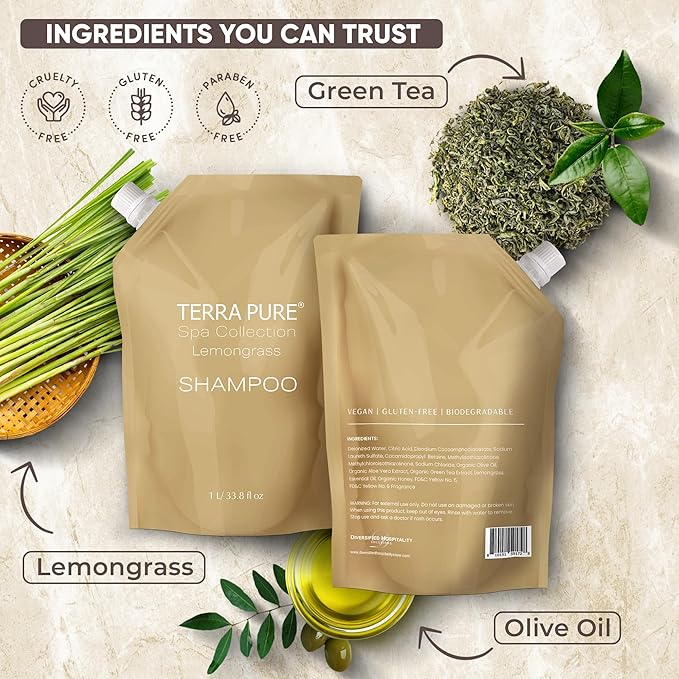 Terra Pure Spa Collection 1 Liter Shampoo Refill Bag For Soap Dispensers | Bulk Toiletries for Vacation Rentals, and Home Bathroom Showers | Green Tea Lemongrass | Set of 12