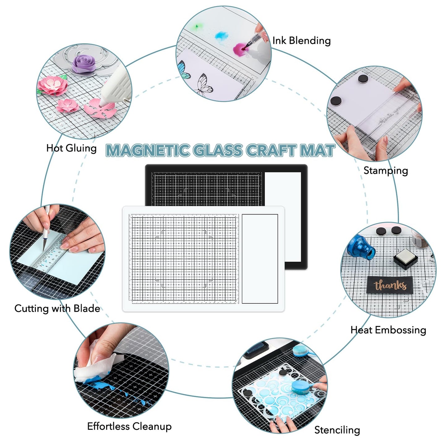 BAOFALI Magnetic Glass Craft Mat; 15.75"x10.24"Heat Resistant Glass Media Cutting Mat W/MagnetsGridlines and Measurements; for Cutting, Stamping, Mixed Media, Heat Embossing and Hot Glue Projects