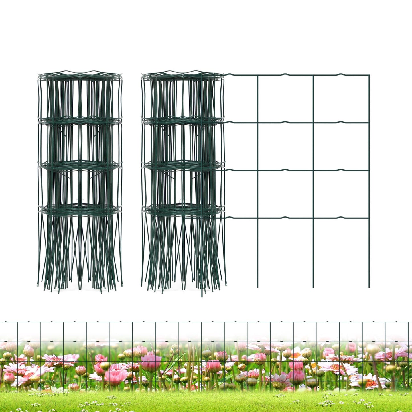 PROWORX Decorative Garden Fence Border Rolls, Total 14 in x 40 ft 2 Pack Metal Folding Flat Wire Fencing for Yard, Green PVC Coated Outdoor Patio Landscape Flower Bed Edging