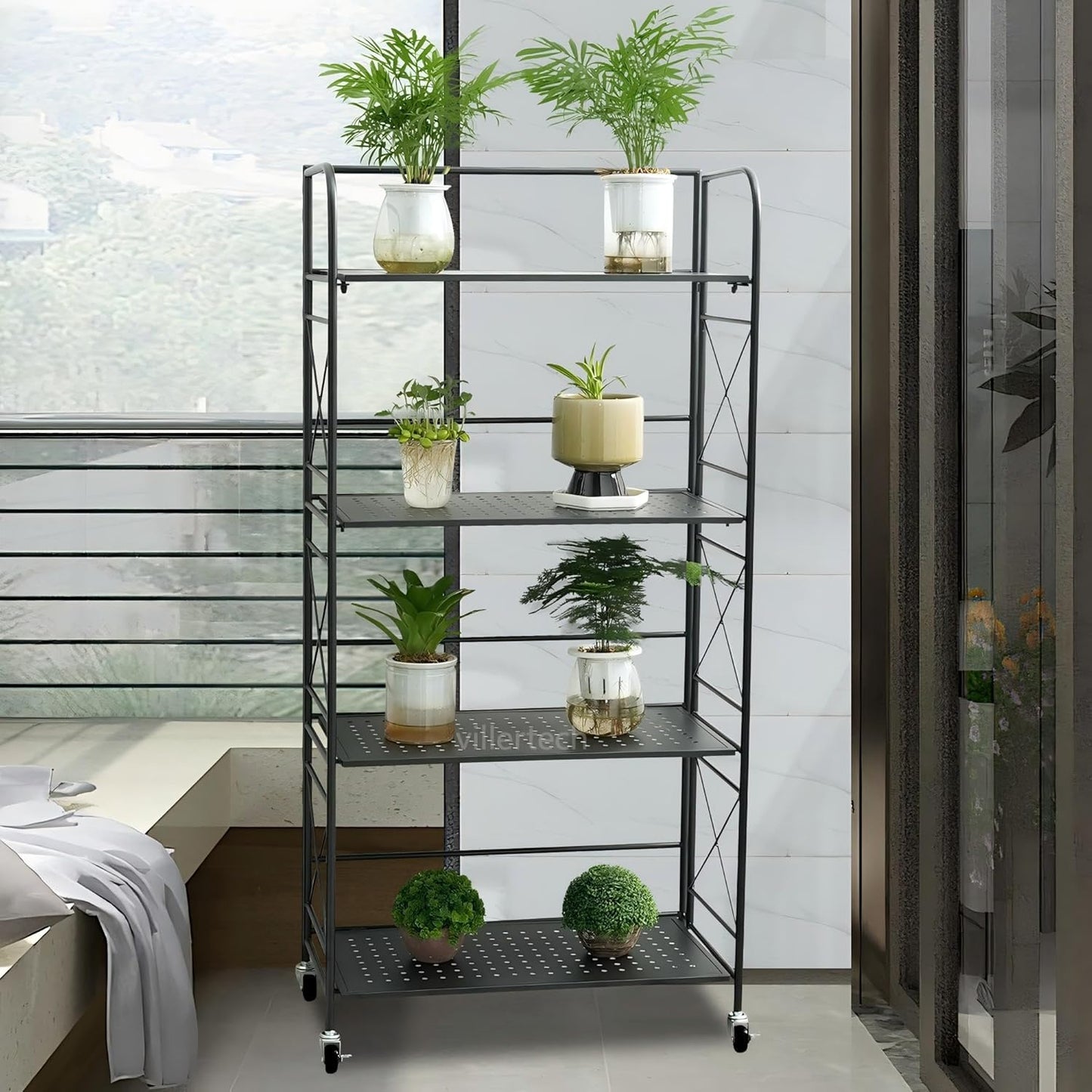 Foldable 4-Tier Metal Shelf with Wheels - Folding Bookshelf Unit for Living Room, Kitchen, Study 12.6" D x 23.6" W x 46.8" H, Matte Black