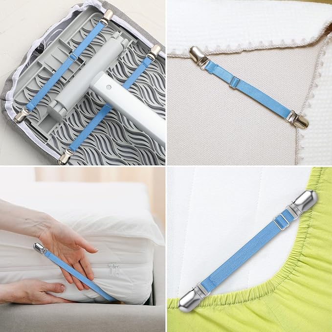 Boao 12 Pcs Bed Sheet Clips Straps Sheet Corner Straps Holder Adjustable Mattress Clips, Elastic Bed Grippers Suspender Fasteners Holder for Home(Sky Blue,4-8 Inch Length)