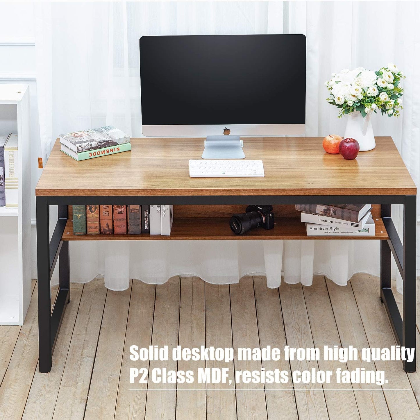 TOPSKY Computer Desk with Bookshelf/Metal Hole Cable Cover 1.18" Thick Desk (55", Oak Brown)