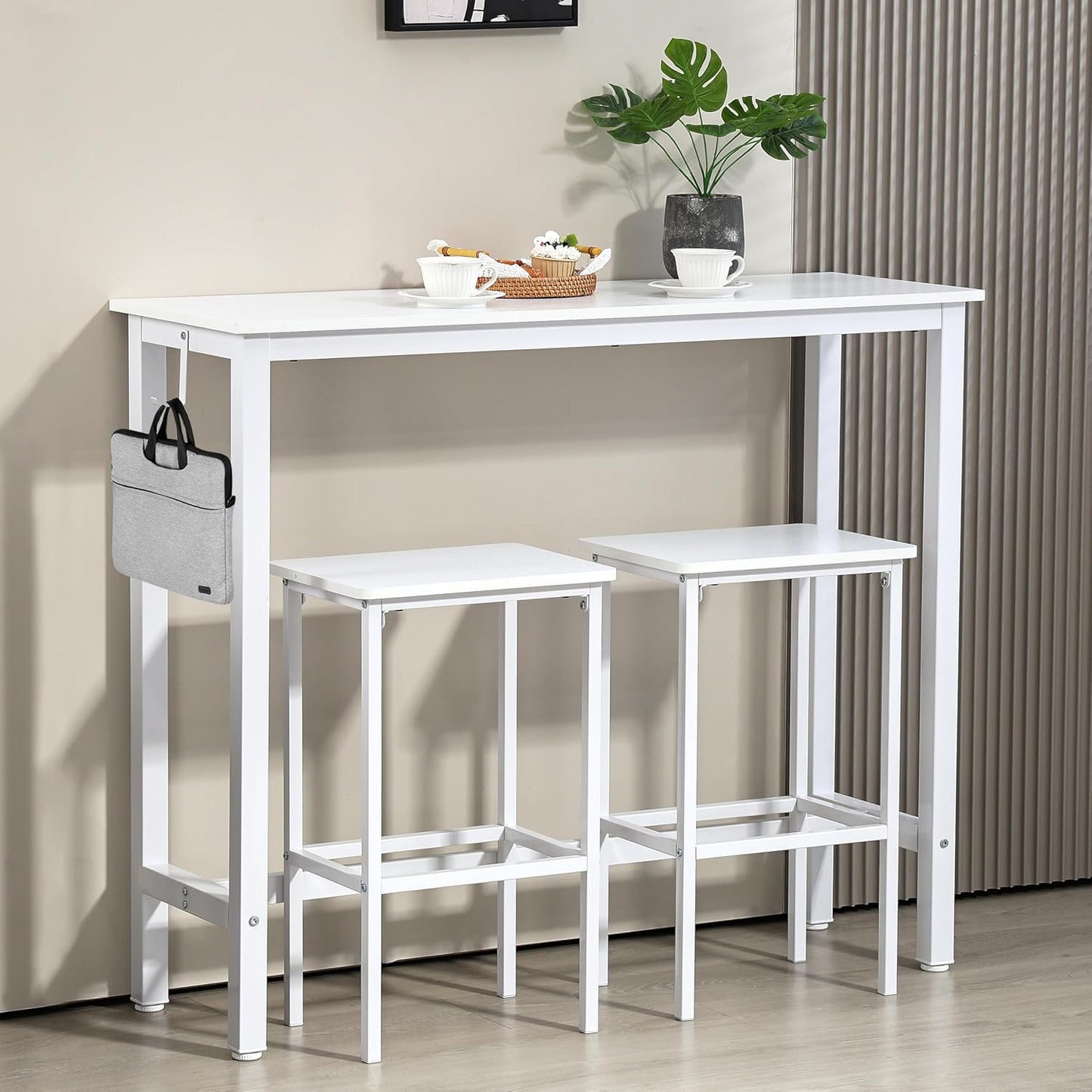 Finnhomy 47" Industrial Bar Table Set with 2 Stools - Counter Height Dining & Pub Table for Small Spaces, Kitchen, Apartment, Breakfast Nook - Metal & Wood, Space-Saving Furniture - White
