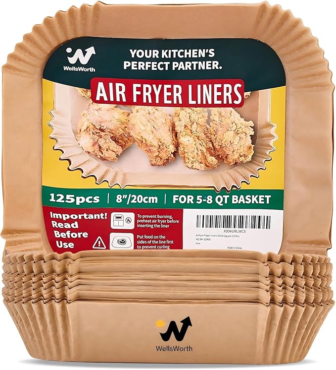 40GSM Air Fryer Paper Liners, 125Pcs 8 inch Disposable Parchment Paper for 5-8 qt Basket Air Fryer, Non-Stick Oil-Proof Heat Resistant Food Grade for Cooking, Roasting & Frying, Square 8"