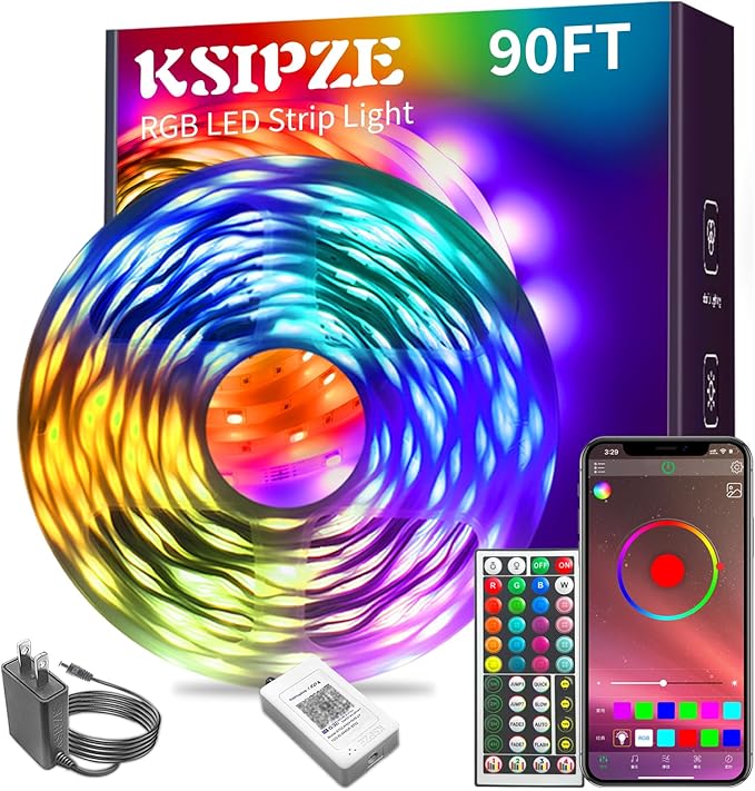 KSIPZE 90ft Led Strip Lights RGB Music Sync Color Changing Bluetooth Led Lights with Smart App Control Remote Led Lights for Bedroom Room Lighting Flexible Home Décor