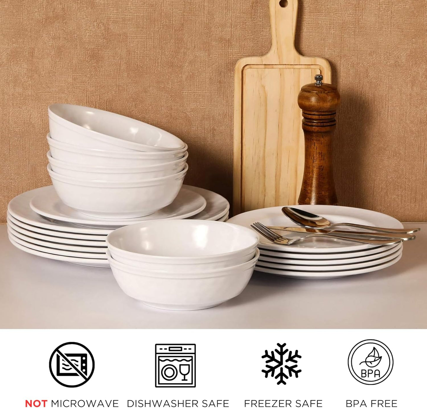 TP 12-Piece Dinnerware Set, Melamine Dishes Set with Bowls and Plates, Non-breakable and Lightweight Dinner Service for 4, White