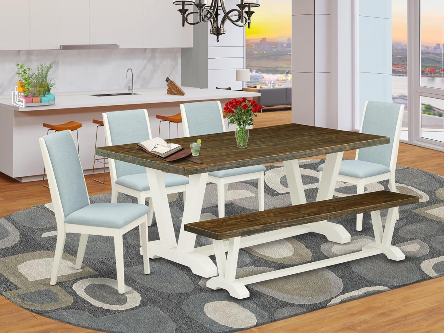 East West Furniture V077LA015-6 6 Piece Dining Table Set Contains a Rectangle Dining Room Table with V-Legs and 4 Baby Blue Linen Fabric Parson Chairs with a Bench, 40x72 Inch, Multi-Color