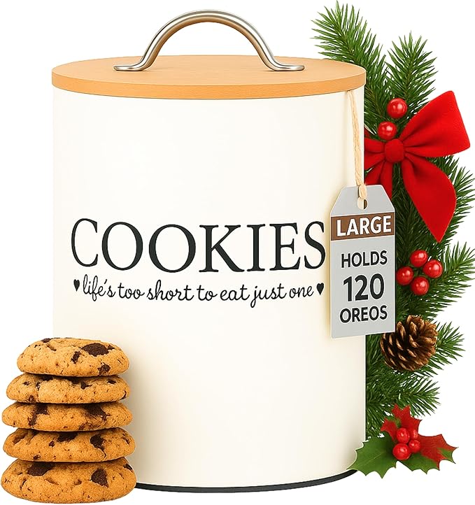 D'Lifeful Cookie Jar with Airtight Bamboo Lid – 1.1 Gallon Cute and Decorative Cookie Storage for Kitchen Countertop – Farmhouse Storage Tin for Freshness – Great Gift Idea