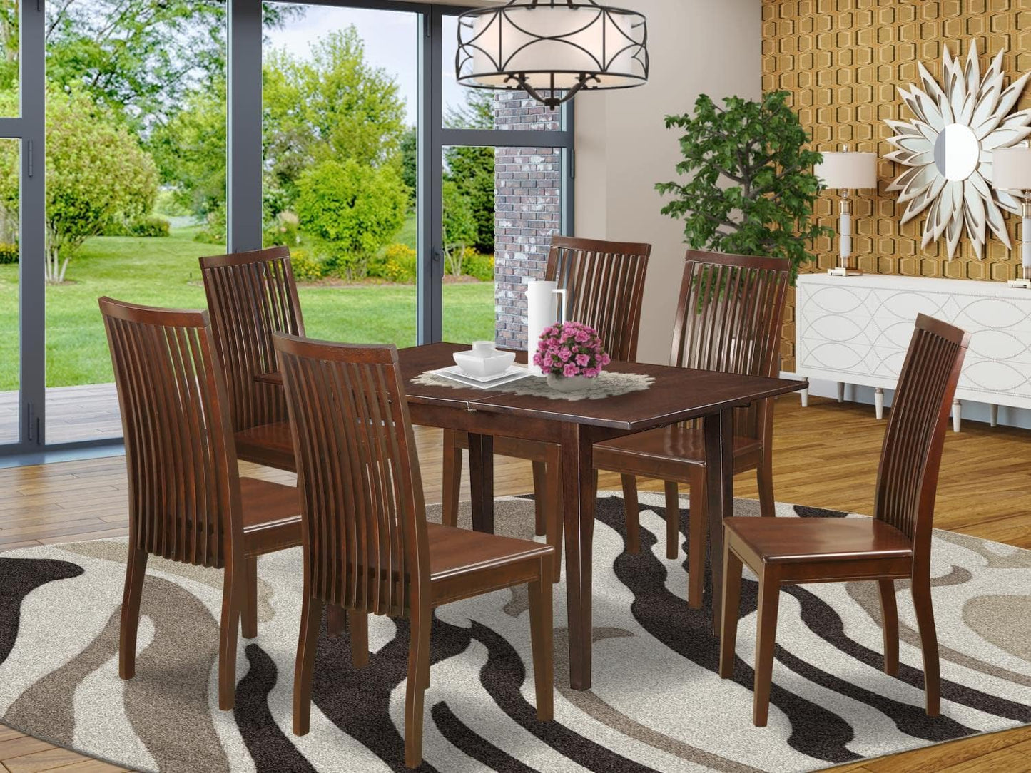 East West Furniture PSIP7-MAH-W 7 Piece Kitchen Table Set Consist of a Rectangle Dining Table with Butterfly Leaf and 6 Dining Room Chairs, 32x60 Inch, Mahogany