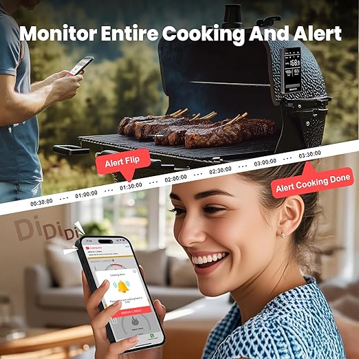 Smart WiFi Wireless Meat Thermometer Unlimited Range 7 NIST Cert.Sensors Accuracy ±0.5°F Sub-1G (10X Stronger than Bluetooth)APP&Digital Base,Monitor for BBQ, Grill,Oven, Smoker(1, Black,Small)