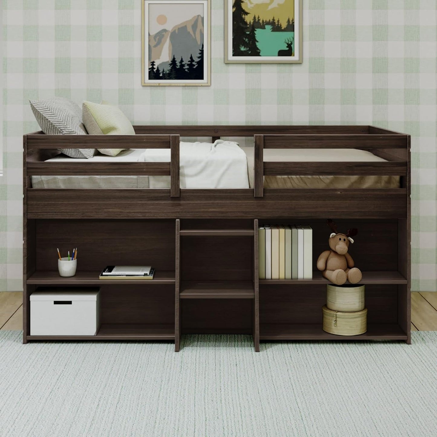 Max & Lily Modern Farmhouse Low Loft Bed, Twin Bed Frame for Kids with 2 Bookcases, Barnwood Brown