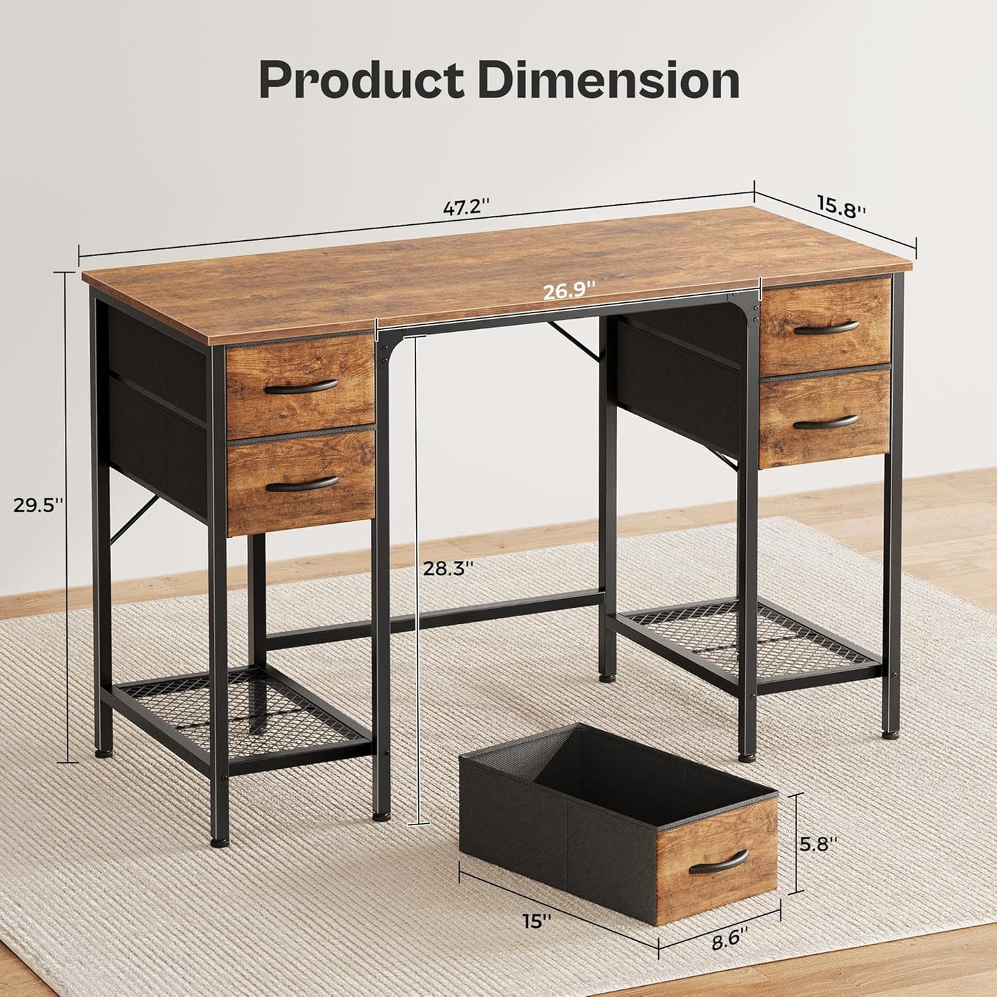 Huuger 47 Inch Computer Desk with 4 Drawers, Office Desk with Mesh Shelf, Gaming Desk, Large Storage, Writing Work Desk for Home Office, Study, Bedroom, Work from Home, Rustic Brown