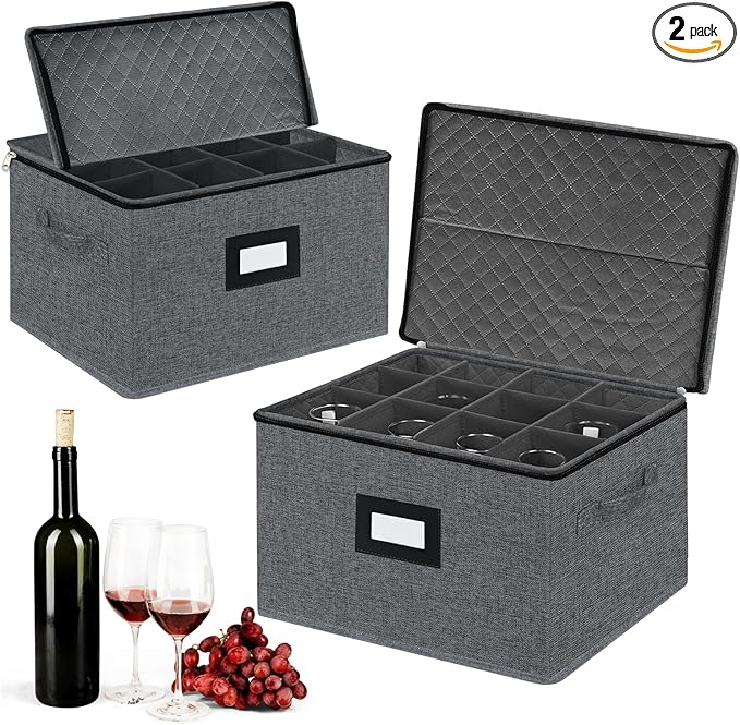 VERONLY 2 Pack Stemware and Glassware Storage Cases - Hard Shell Protection with Dividers for 24 Glasses, Stackable Moving Storage Container with Label & Handles - Crystal Glass - Dark Gray