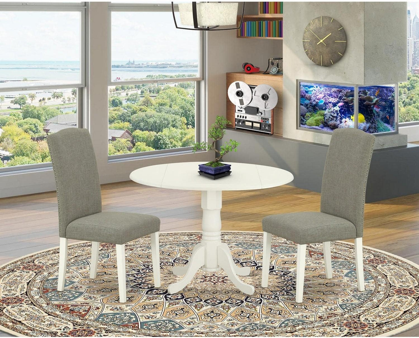 East West Furniture DLEN3-LWH-06 3 Piece Modern Dining Table Set Contains a Round Wooden Table with Dropleaf and 2 Dark Shitake Linen Fabric Parson Dining Chairs, 42x42 Inch, Linen White