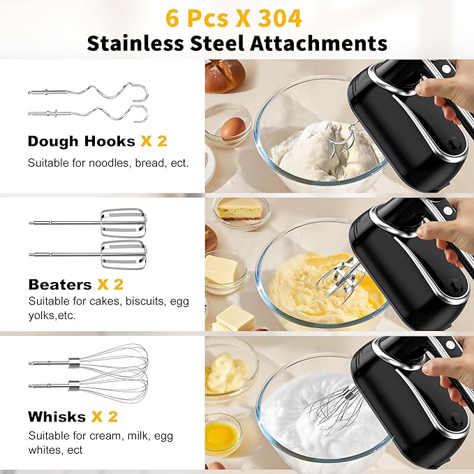 Cordless Hand Mixer, 12-Speed Rechargeable Electric Handheld Mixer with 6 x 304 Stainless Steel Attachments (2 Whisks, 2 Beaters, 2 Dough Hooks) & Storage Case, for Baking, Eggs, Cakes (Black)