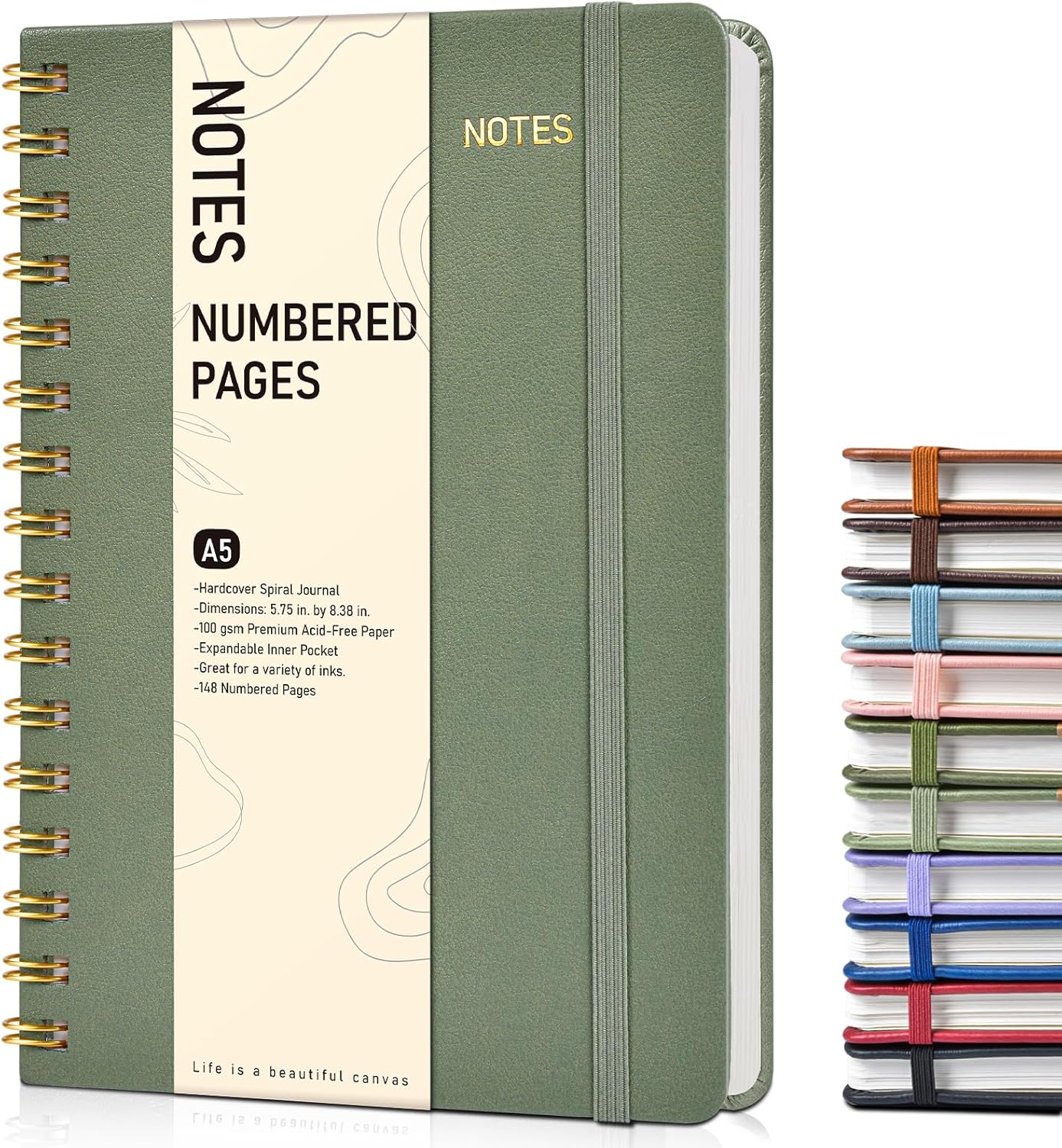 Lined Spiral Journal Notebook, A5 Hardcover Spiral Journals for Women Men, 150 Numbered Pages Spiral Bound Notebook, 100 GSM College Ruled Notebooks for Writing Note Taking 5.75" x 8.38", Sage Green