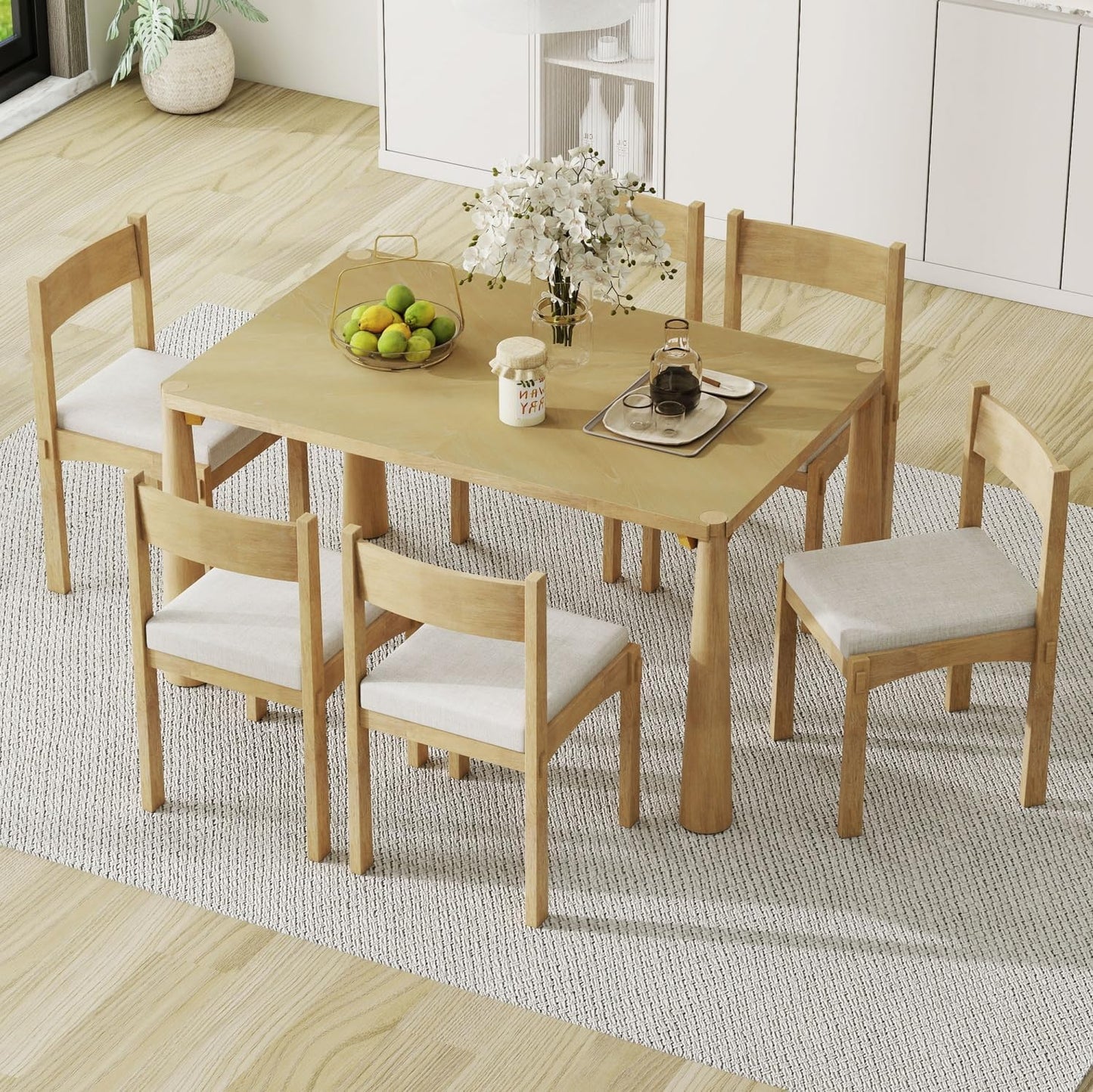 Dining Table with Chairs Set of 6, 7-Piece 60" Farmhouse Rectangular Dining Room Table with 6 Upholstered Solid Wood Chairs, Space Saving Kitchen Tables for Small Place, Natural Rubber Wood