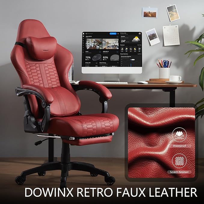 Dowinx Gaming Chair for Adults with Dual-Point Massage, Ergonomic Racing Style Game Chair Footrest, High Back Computer Chair 360° Swivel for Office,400LBS, Red