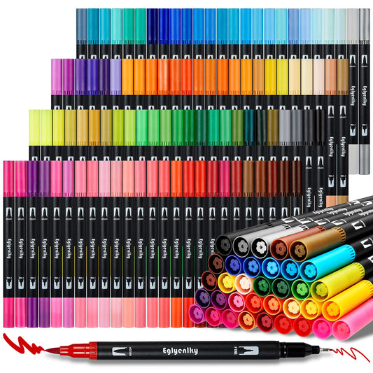 Eglyenlky Colored Markers for Adult Coloring Books, Dual Tip Brush Pens with 100 Watercolor Fine Tip Markers and Brush pens for Kids Drawing Calligraphy