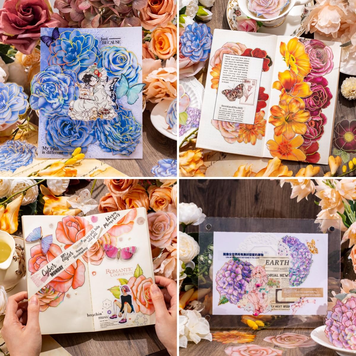 80 Pcs Big Size Flower Stickers with Gold Metallic Outlines, 8 Packs Holographic Iridescent Foiled Floral Sticker Decals for Scrapbooking Bullet Junk Journals Card Making Laptop Cup Adult