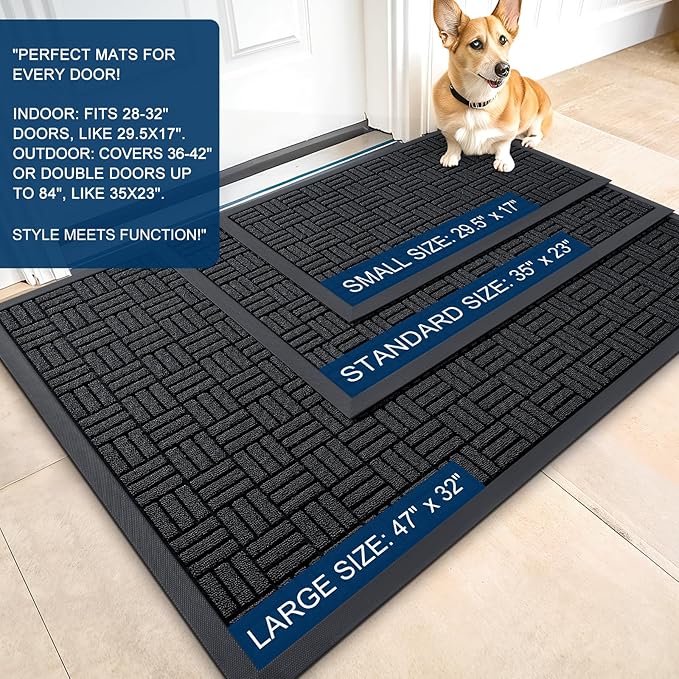 OLANLY Front Door Mat Outside Entrance 47x17, Absorbent, Heavy Duty Sturdy Natural Rubber Doormat Indoor Outdoor, Stain and Fade Resistant, Non-Slip Backing Low Profile Floor Mat for Entryway, Black