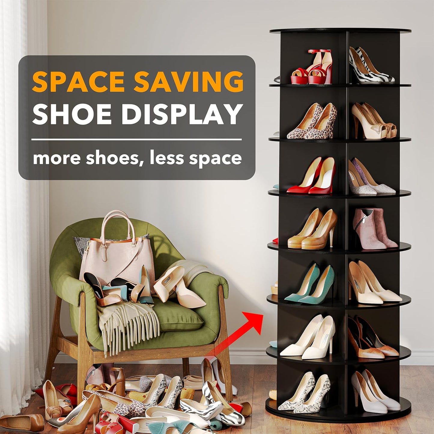 SpaceAid Black 7-Tier Spinning Rotating Shoe Rack Organizer, Shoe Display Tower Lazy Susan, Revolving Shoes Rack StorageOrganization, 360 Vertical Bags Holder Rotate Organizer