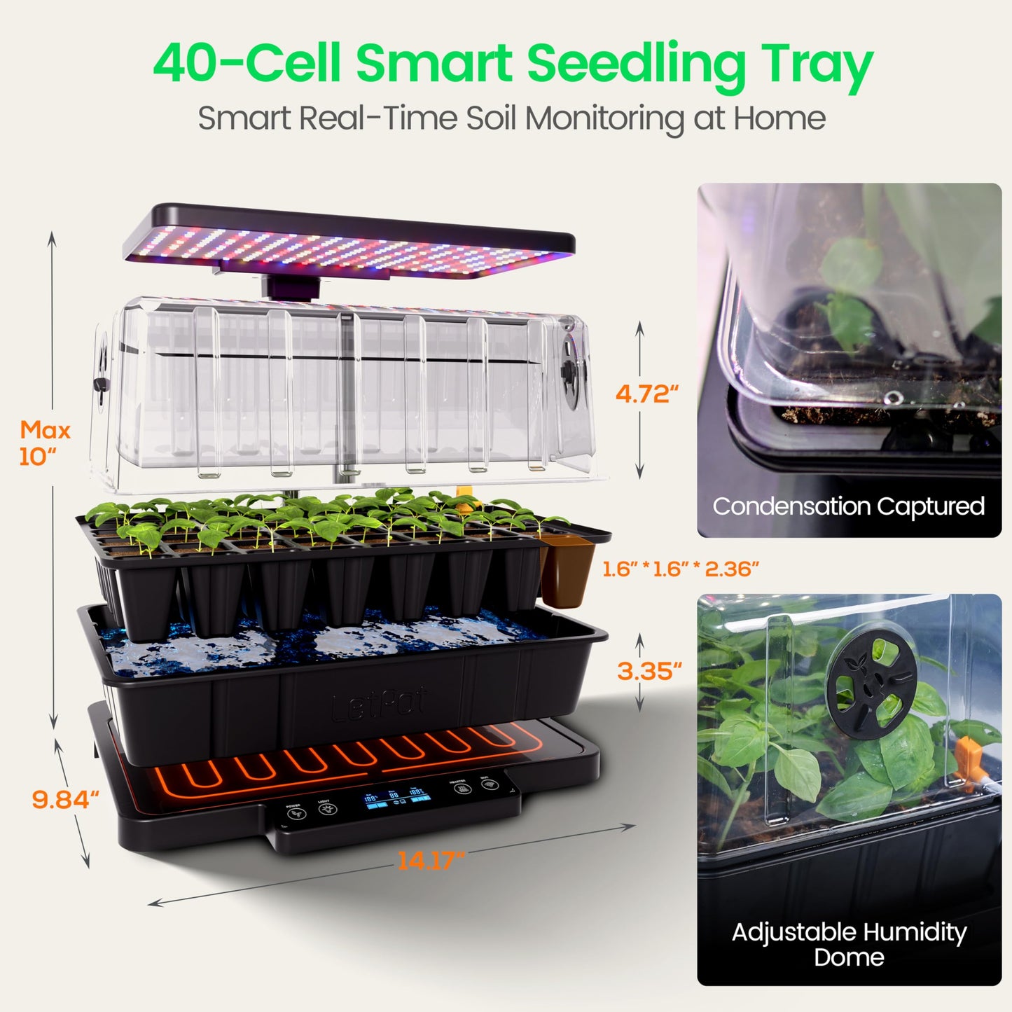 LetPot Smart Seed Starter with Humidity Dome, Germination Kit with Waterproof Seedling Mat, 24W Full Spectrum LED Grow Light, Smart Heating Base, EC Soil Sensor & App Control for Indoor Seed Starting