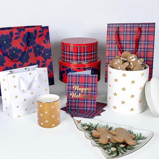 Draper James Cookie Tin Set for Treat Exchange and Gifting, Set of 2 Nesting Metal Boxes, Angie Plaid