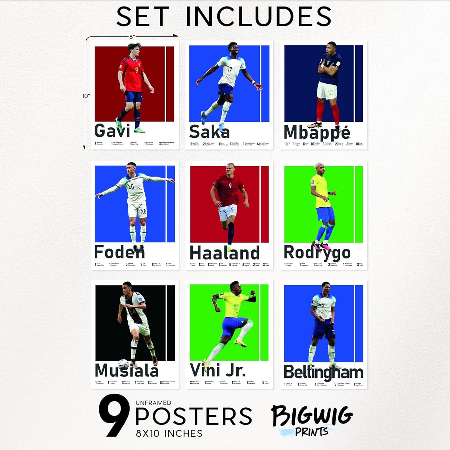 BigWig Prints Soccer Posters for Boys Bedroom - Soccer Player Posters, Erling Haaland Poster, Mbappe, Rodrygo, Gavi, Vini Jr, Saka, Foden, Musiala, Bellingham - Unframed Set of 9 (8x10”)