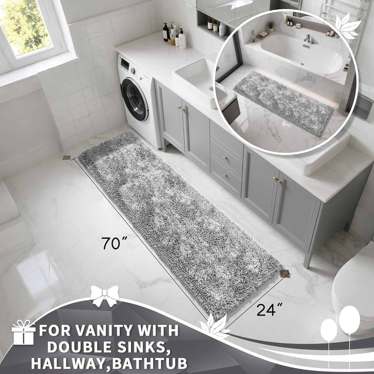Yimobra Long Bathroom Rugs Runner 70x24 Inch, Extra Thick Soft Absorbent Chenille Bath Mat, Non Slip Machine Washable, Quick Dry Bath Rugs for Bathroom Floor, Tub and Shower, Light Grey
