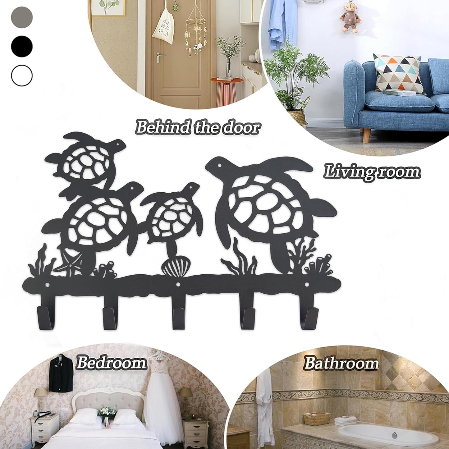Metal Sea Turtle Coat Hooks Wall Mount-Sea Turtle Hangers and Key Holder-Clothes Hat Rack and Backpack Hanger Decor for Storage, Living Room, Hallway, Office Gift (Black)