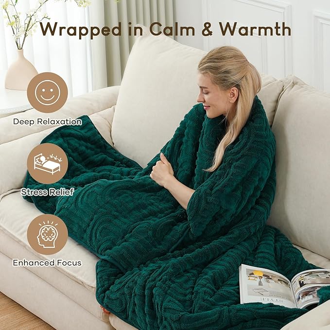 Cottonblue Jacquard Weighted Blanket for Adults 15 lbs Queen Size, Cozy Fluffy Sherpa Fleece Weighted Throw Blankets 60" x 80" for Sleep Relax, Fuzzy Warm Arch Heavy Blanket Soft for Bed Couch, Green