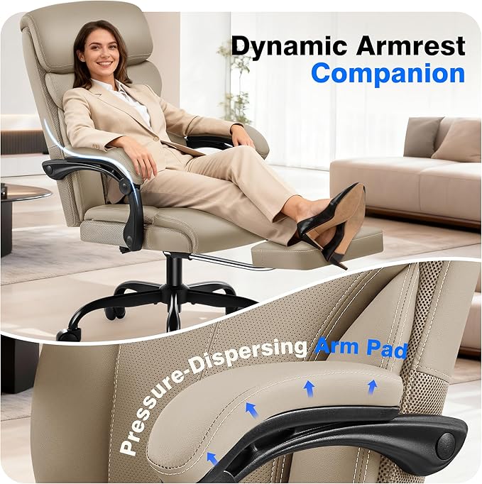 Office Chair - Ergonomic Comfortable High Back Computer Desk Chair with Foot Rest - Executive Breathable Swivel Rolling Reclining Leather Chair with Lumbar Support for Home Gaming Relaxing