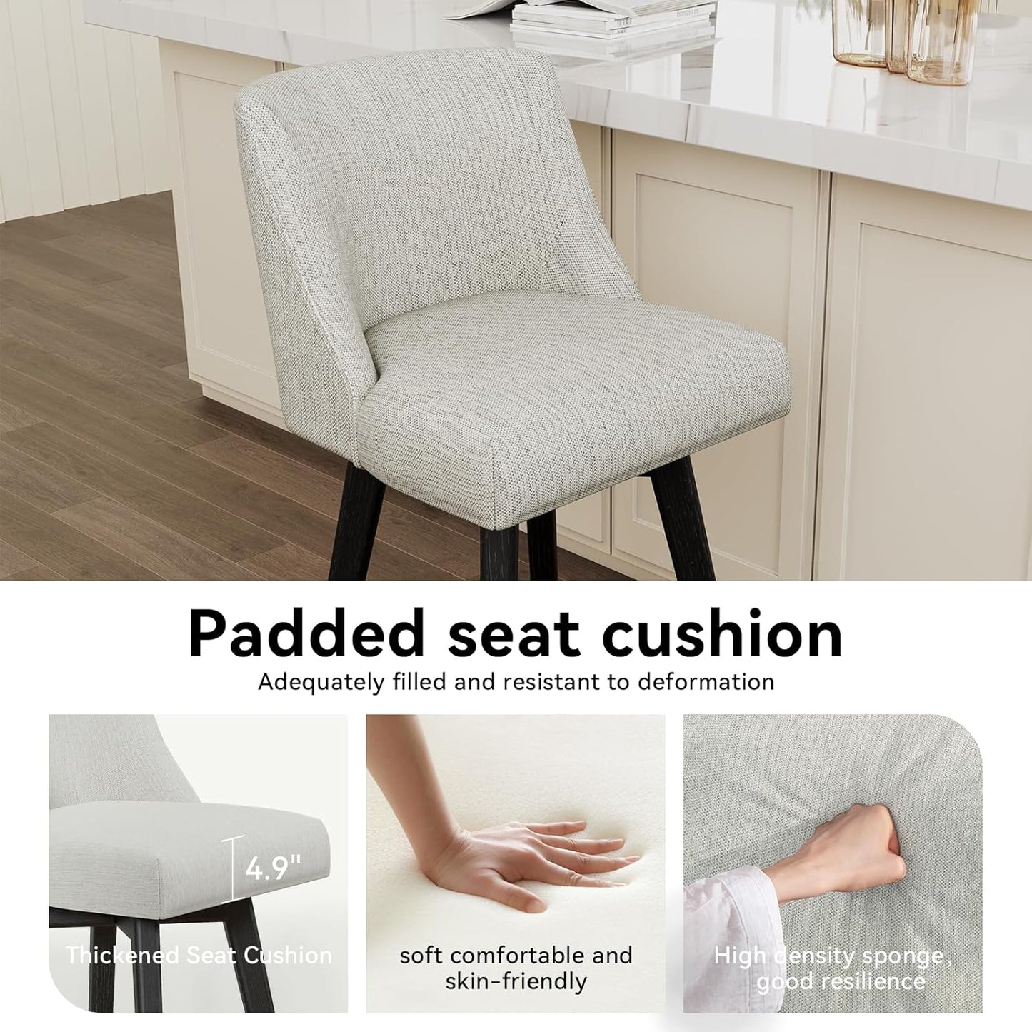 Vipbear Swivel Counter Height Bar Stools Set of 3,26.8" H Counter Stools with Back, Mid Century Modern Bar Stools for Kitchen Island,Linen Fabric,Wooden Base, White