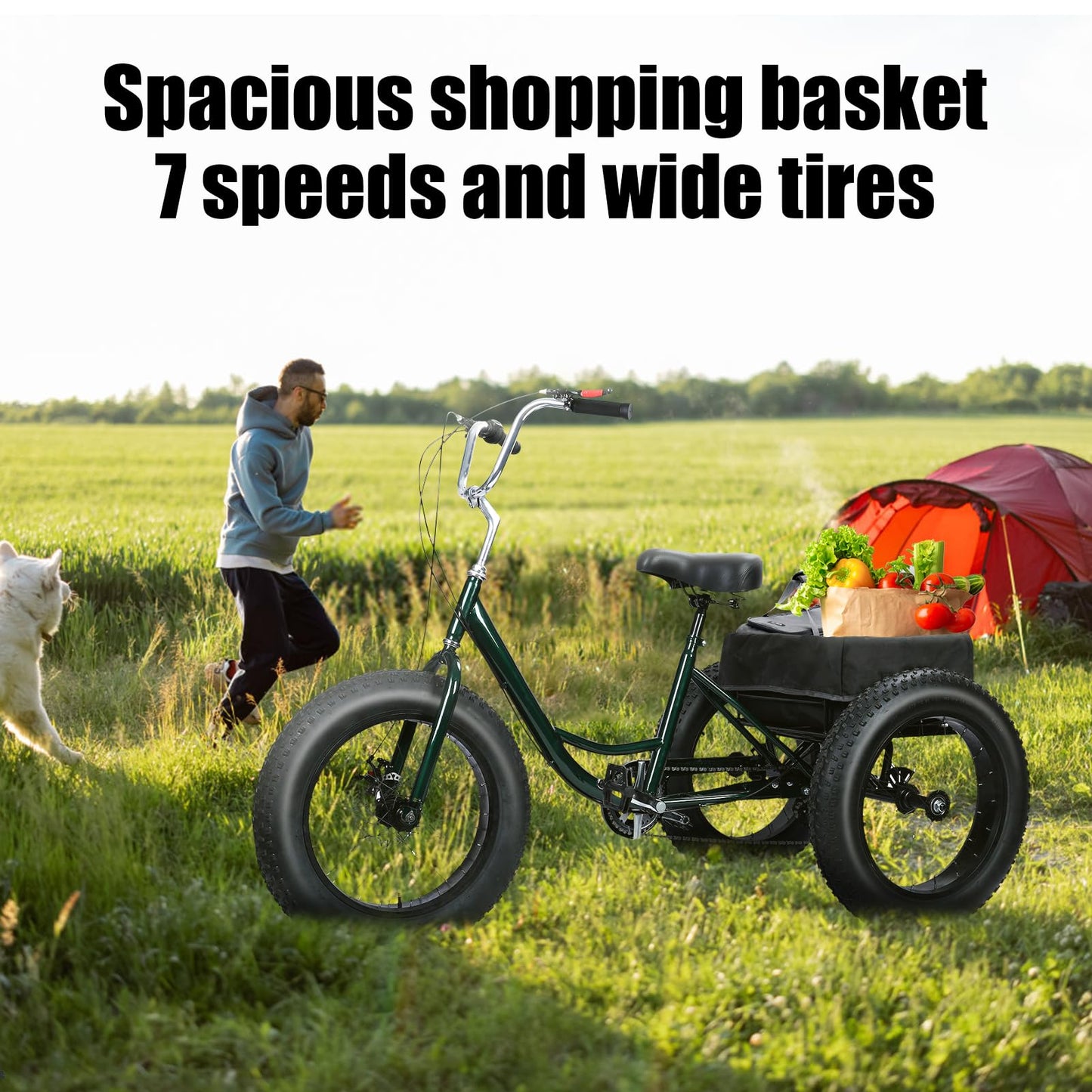 Masiunoz Fat Tire Tricycle for Adults with 450 lbs Capacity, 7-Speed, 20" x 4" Fat Tires, Double Disc Brake and Large Rear Basket for Commuting, Shopping, Camping,Adults Tricycle