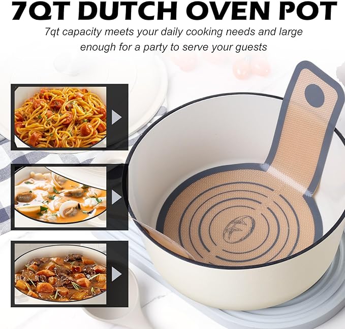 TeamFar Enameled Cast Iron Dutch Oven, 7qt Dutch Oven Pot Nonstick Cookware with Lid & Dual Handles for Bread Baking, Cooking, Oven Safe up to 500℉ & Various Stovetops, Healthy & Heavy Duty - White
