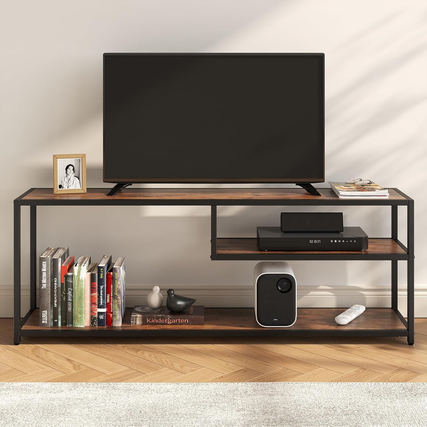 TECHMILLY Modern TV Stand for 55" TV, TV Table with Storage Shelves, Entertainment Center with Metal Frame, TV Console Table for Living Room, Bedroom, Rustic Brown