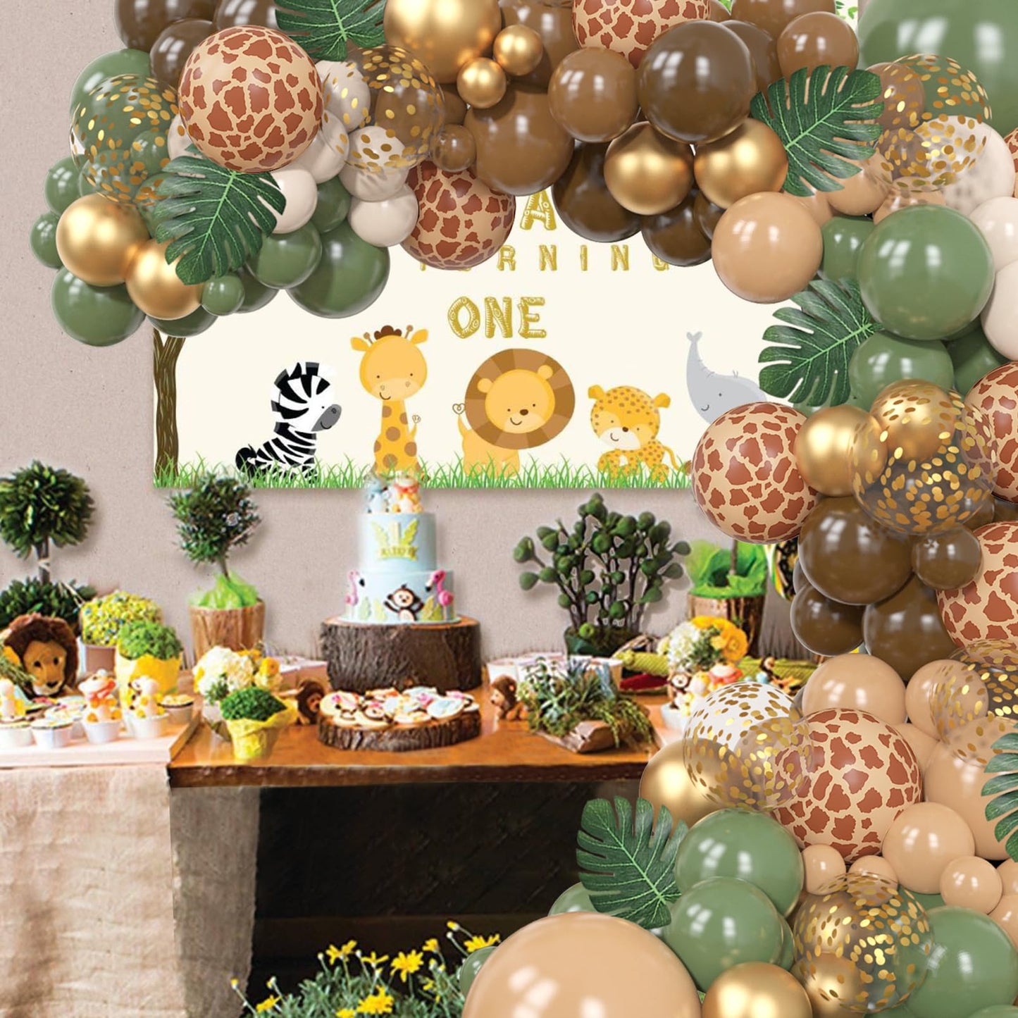 170Pcs Jungle Safari Balloons Garland Kit, Safari Baby Shower Decorations Sage Green Brown & Animal Print Balloons Palm Leaves for Woodland Themed Giraffe Wedding Two Wild One Birthday Party Supplies