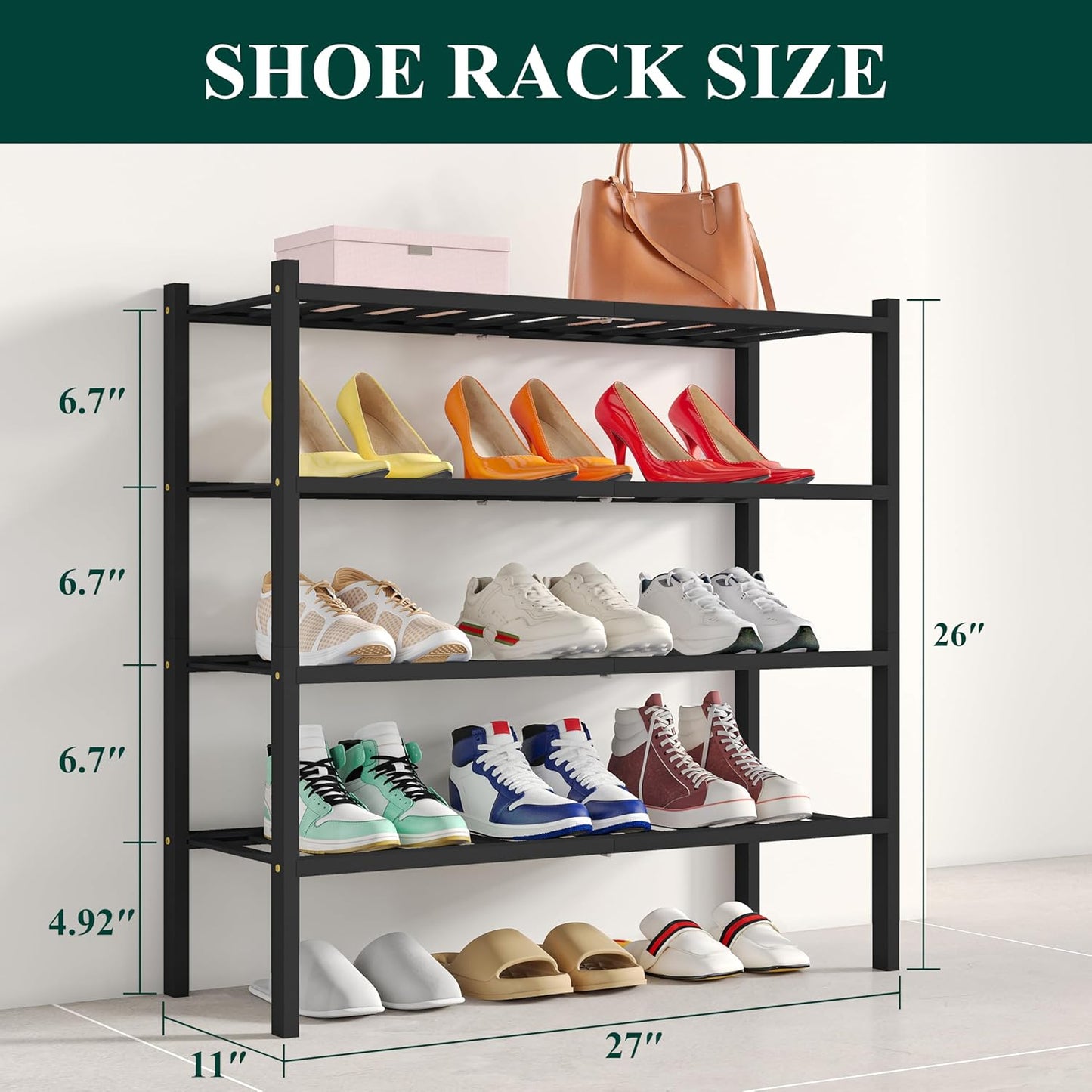 Smiry Shoe Rack, 4 Tier Bamboo Shoe Organizer, Stackable Free Standing Wooden Shoe Storage Shelf for Closet, Entryway, Front Door Entrance, Black